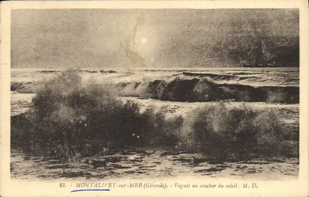 Montalivet-sur-Mer (Gironde) — Wellen bei Sonnenuntergang — M. D. - Vorderseite