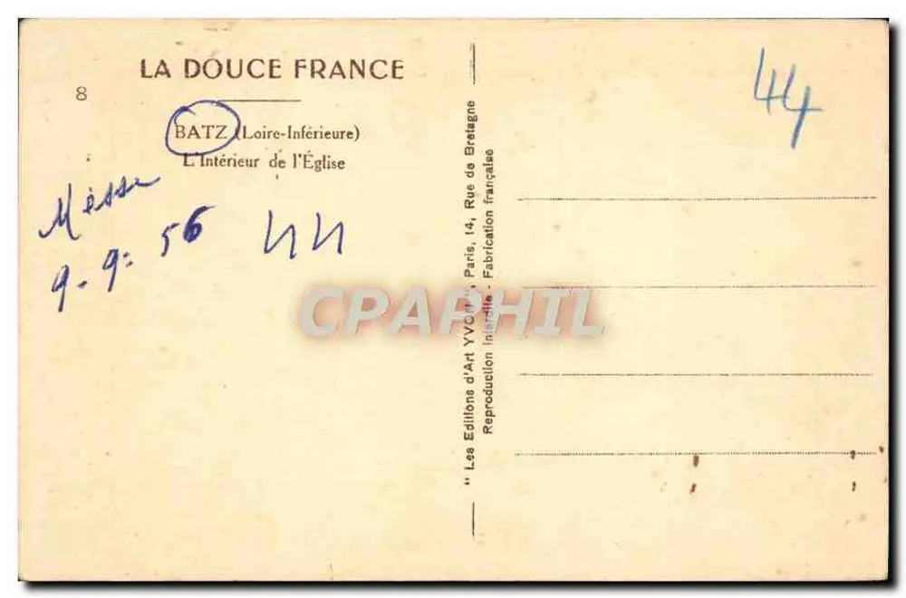 Interior da igreja — Batz (Loire-Inférieure) — Éditions d'Art Yvon - Verso