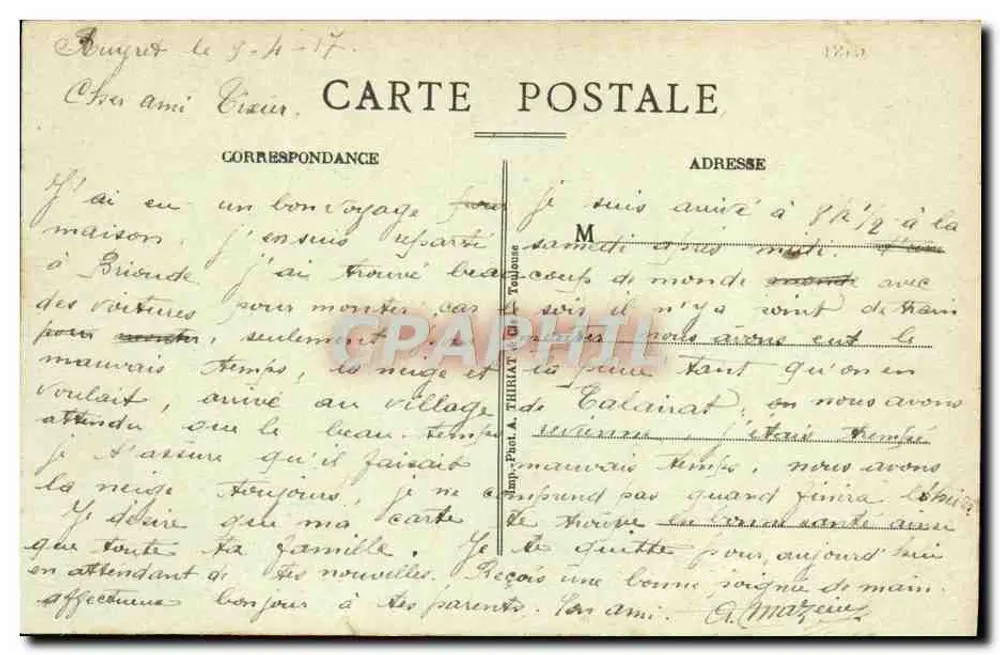 Cantal — Cume do Puy Mary (Alt 1787 m) — Germain Malonos, Carte 1291, Auzière - Verso