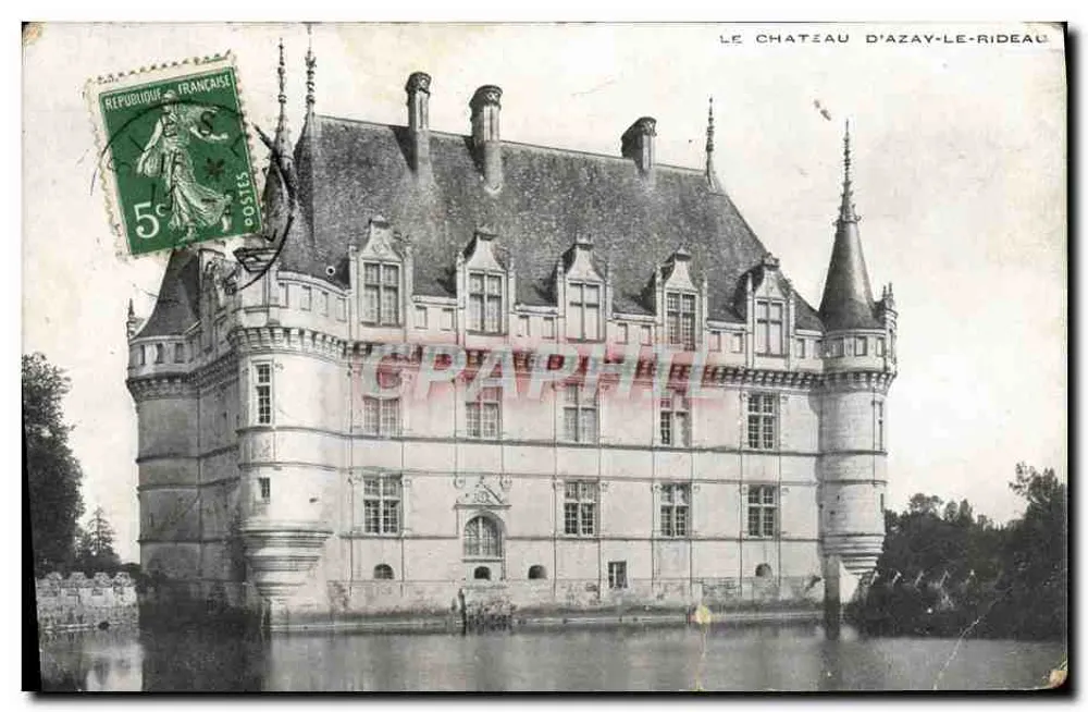 Le Château d'Azay-le-Rideau — vue du château flanqué de tours et d'un donjon, éditeur imprimeur non visible - Frente