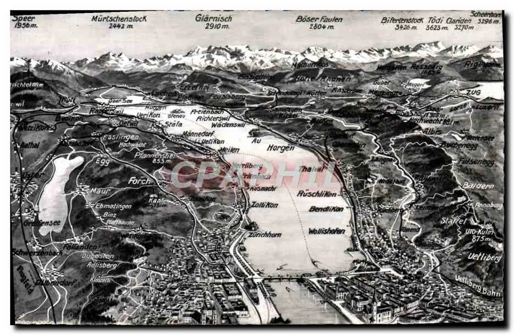 Vista aérea de Zurique e das Alpes — Photoglob-Werli A.-G., Zürich - Frente