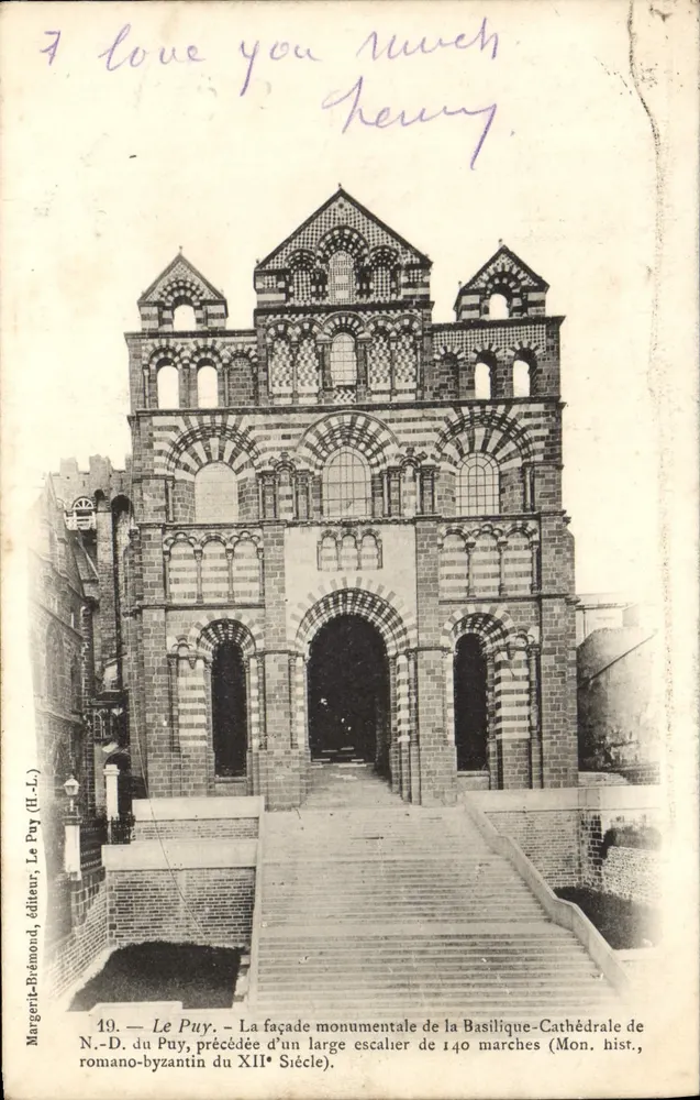 Le Puy — Monumentale Fassade der romanisch-byzantinischen Basilika-Kathedrale des 12. Jahrhunderts — Margerit-Bvémound, Verlag, Nr. 19 - Vorderseite