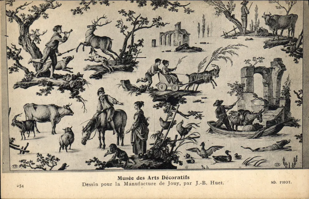 Jagdscene und ländliches Leben — Musée des Arts Décoratifs — Zeichnung für die Manufacture de Jouy, von J.-B. Huet - Vorderseite