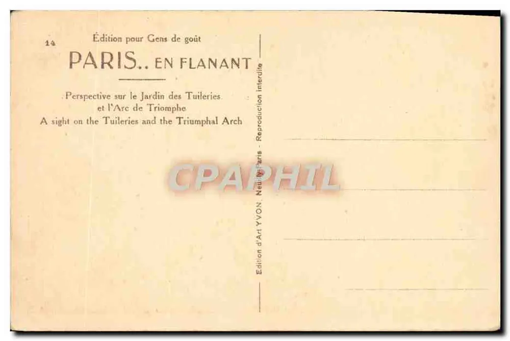 Paris — Perspektive auf den Jardin des Tuileries und den Arc de Triomphe — Art Edition YVON - Rückseite