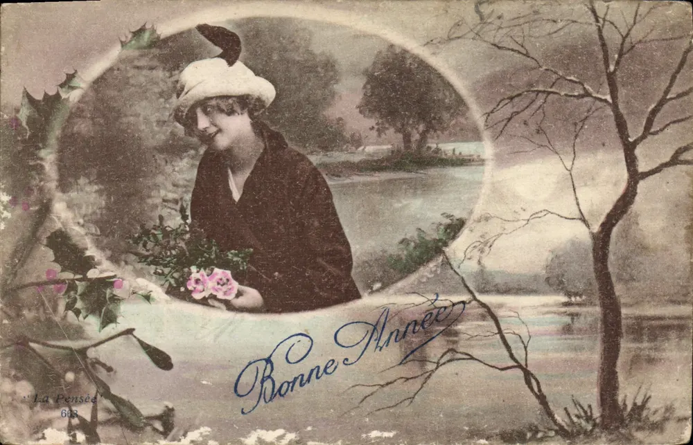 Femme au chapeau — scène de rivière avec houx — La Pensée 663 - Vorderseite