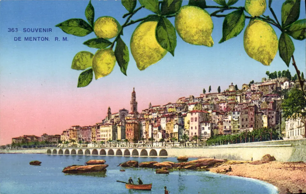 Menton — vista do porto e das colinas — Souvenir R.M. n°363 - Frente