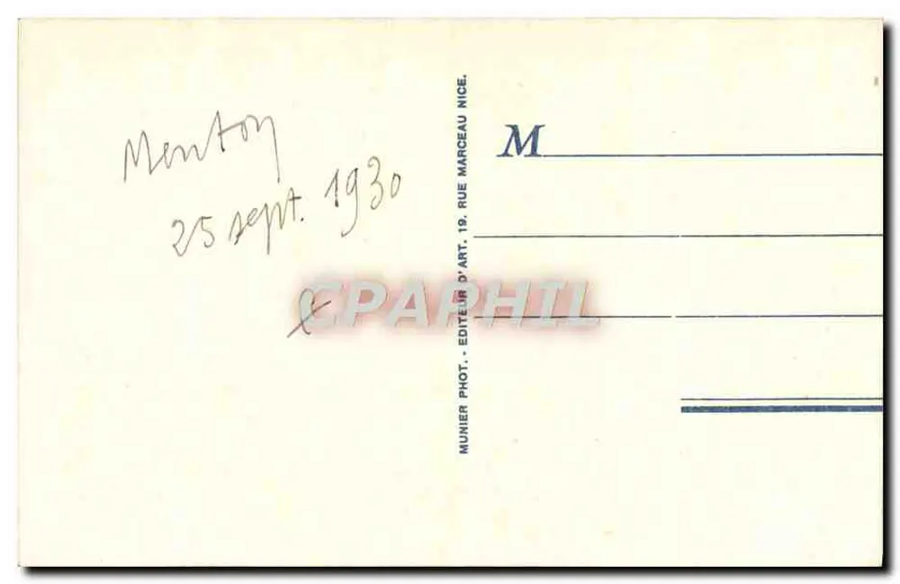 Menton — vista do porto e das colinas — Souvenir R.M. n°363 - Verso