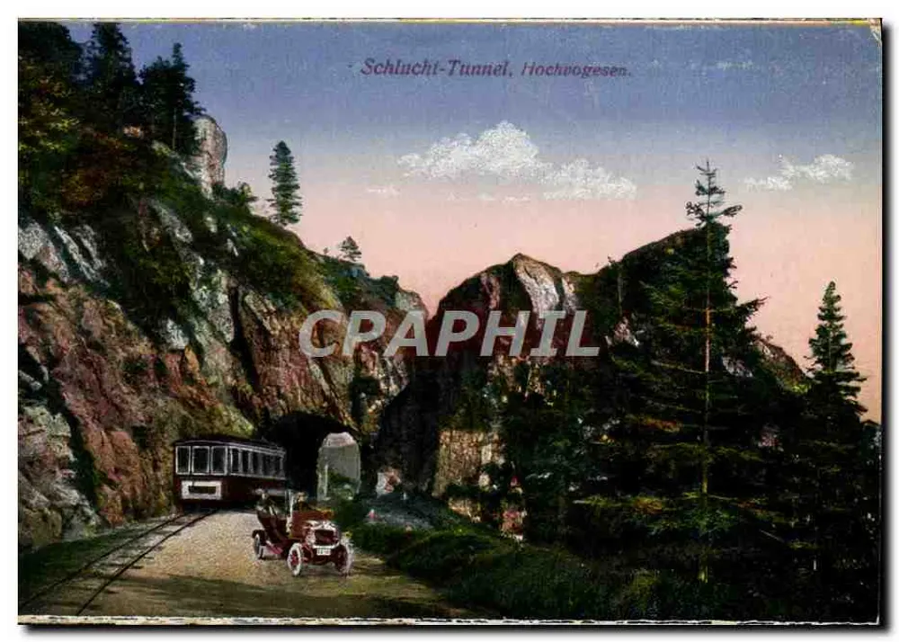 Túnel Schlucht, Hochvogesen — vista do túnel com trem e carro — editor Emil Hartmann, Berlim - Frente