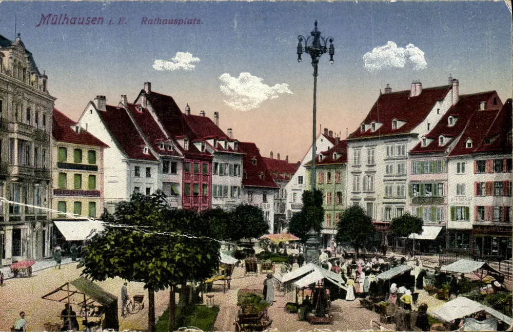 Mülhausen i.E. - Rathausplatz — mercado animado — editor Dahl Hartmann, n° 29744 - Frente
