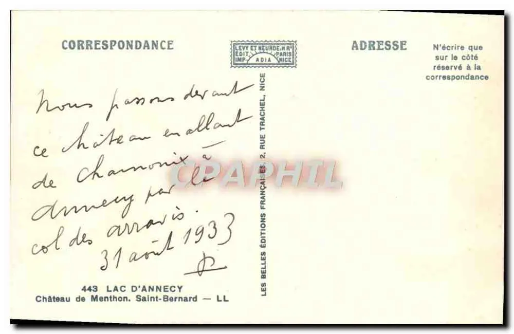 Castelo de Chamonix — vista do col de Aravis — editor Adia, Nice - Verso