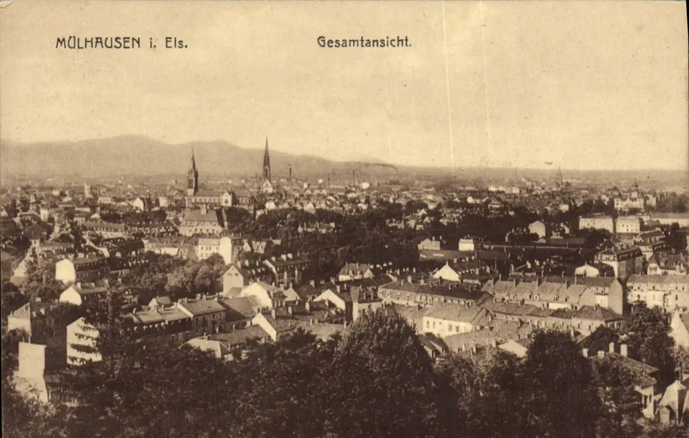 Mülhausen i. Els. — Vista geral — Verlag von Emil Hirtmann, Straßburg - Frente