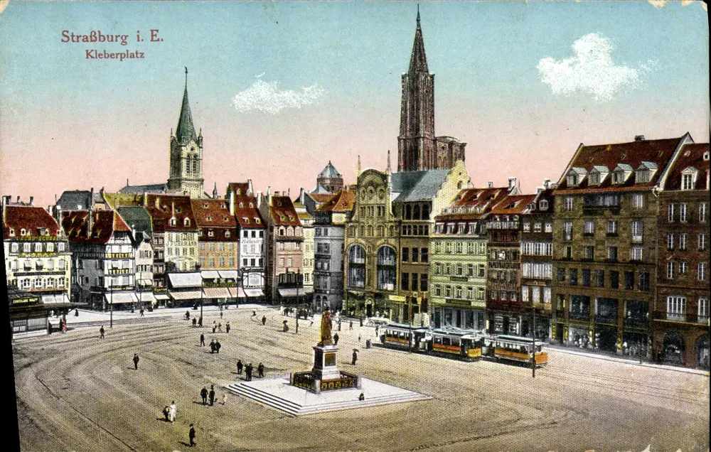 Strasbourg i. E. — Kleberplatz avec statue centrale et tramway — W. Springer, Strasbourg i. E. Nr. 613 - Frente