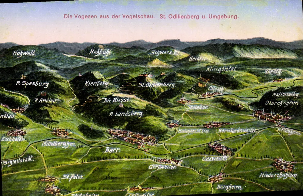 Die Vosgien aus der Vogelschau gesehen. St. Odilienberg und Umgebung — Verlag: Senkner & Co., Birsburg L. E. - Vorderseite