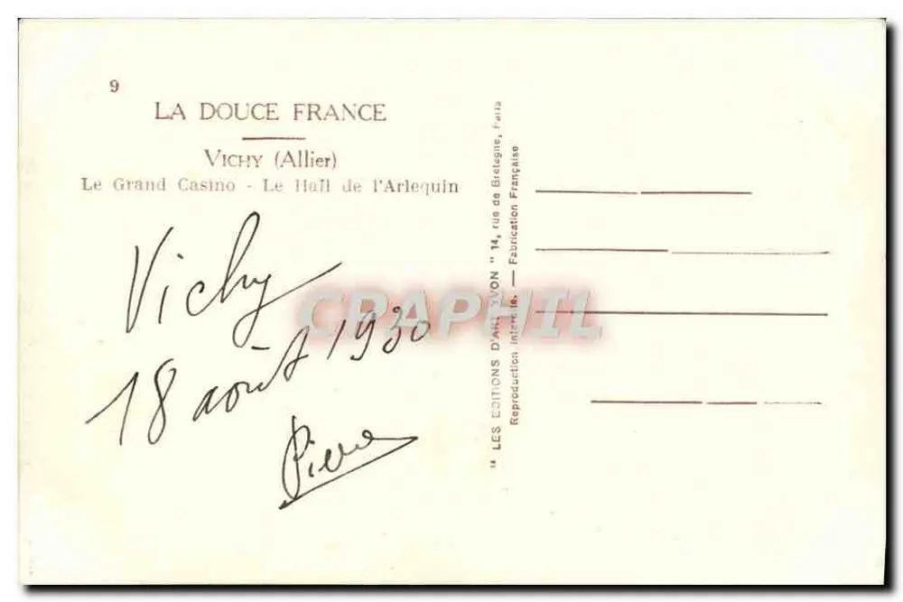 Das Grand Casino - Der Saal des Harlequins — Vichy (Allier) — Éditions D'Art Yvon - Rückseite