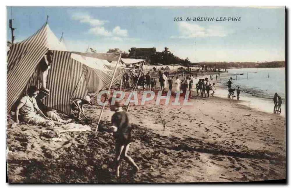 Praia em St-Brevin-les-Pins — banhistas e tendas listradas — Fototipia Jehl-Pourzin, Mortagne - Frente
