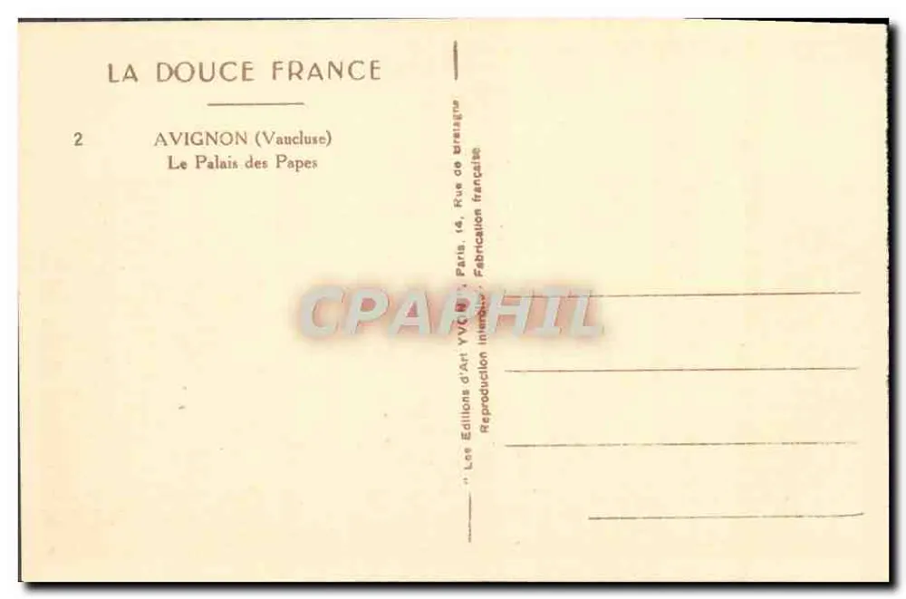 Avignon — O Palácio dos Papas — Les Éditions d'Art YVCN, Paris - Verso