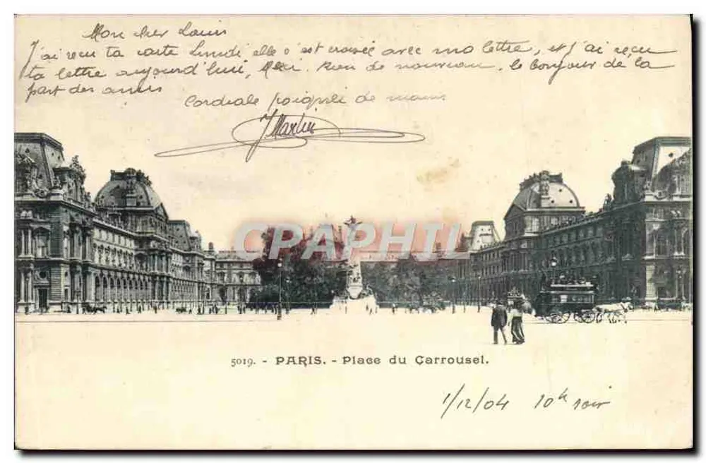 Paris - Praça do Carrousel — vista da praça com edifícios e carruagem — editor anônimo, n° 5019 - Frente