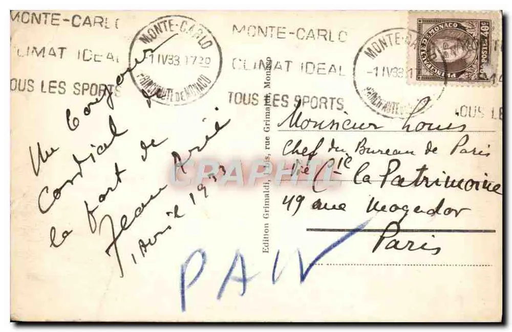 Monte-Carlo — La Façade du Casino — Édition Grimaldi, n° 385 - Verso