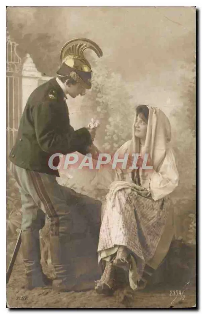 Soldat en uniforme et jeune femme en costume traditionnel — scène de courtoisie — éditeur K. K. K. n° 2874/2 - Vorderseite