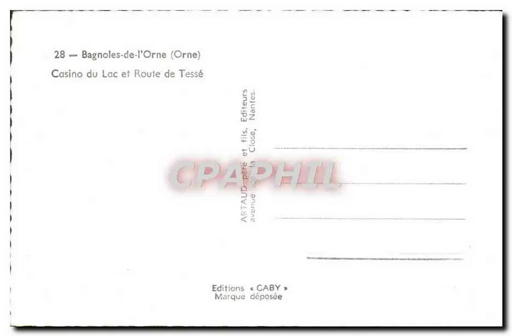 Bagnolles-de-l'Orne — Casino du Lac und Route de Tessé — Verlag Caby - Rückseite