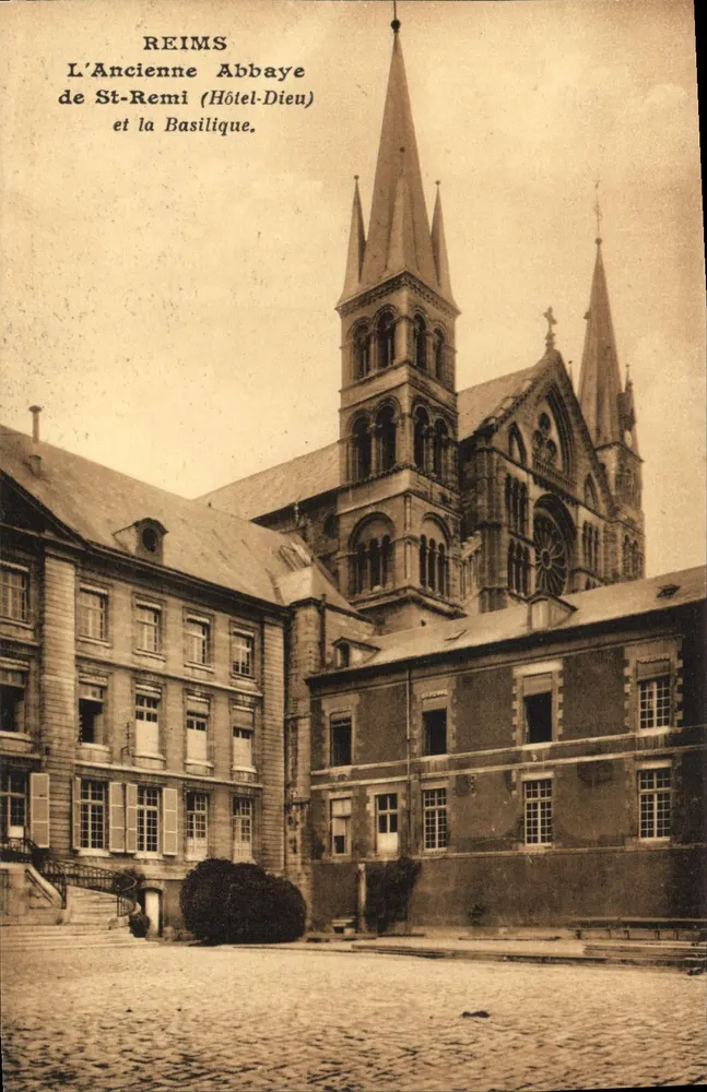 Reims — Die alte Abtei St-Remi (Hôtel-Dieu) und die Basilika — Phototypie J. Bienaime, Reims - Vorderseite
