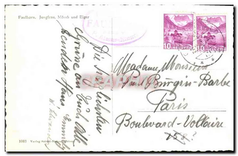 Faulhorn, Jungfrau, Mönch und Eiger — 1063 — Verlag Seidel-Helvetia, Brienz - Verso
