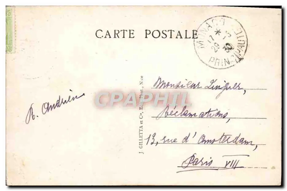 Mônaco - A Princesa e o Cabo Martin — J. Gilletta, Nice - Verso