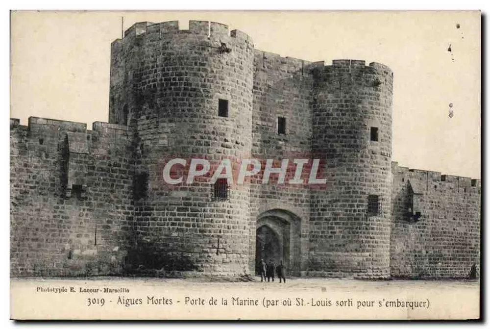 Aigues Mortes - Porta da Marinha (por onde St-Louis saiu para embarcar) — Fototipia E. Lacour - Marselha, n° 3019 - Frente