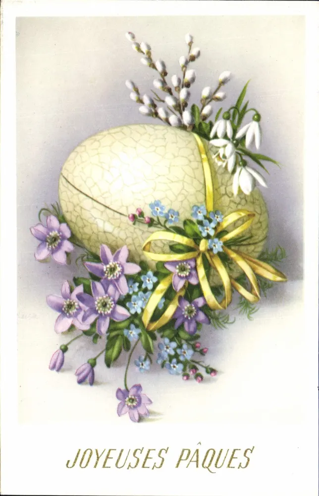 Ovo de Páscoa decorado — flores e galhos de salgueiro — texto 'JOYEUSES PÂQUES' — editor não visível - Frente