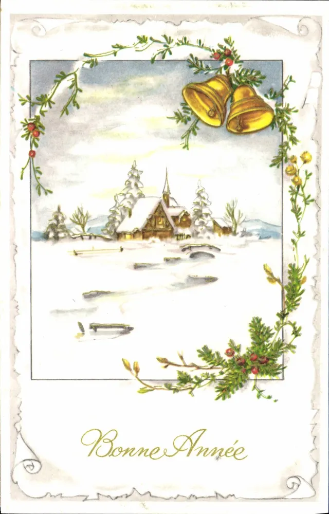 Winterlandschaft mit Kirche — Frohe Weihnachten — Verlag nicht sichtbar - Vorderseite