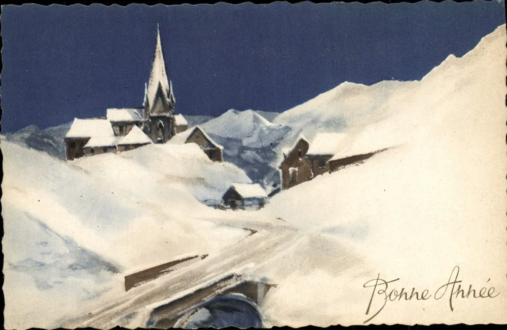 Sneeuwveld met kerk — Gelukkig nieuwjaar - Voorkant