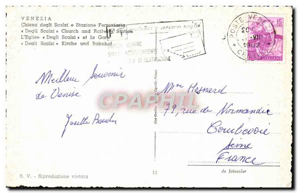 Venise (Italie) — église et gare des Scalzi — éditeur B.V. n°12 - Rückseite