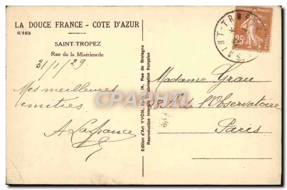 Vieux pont et ruelles de Saint-Tropez — vue en perspective à travers plusieurs arches en pierre — Édition d'Art YVON, Paris, n°6/162 - Verso