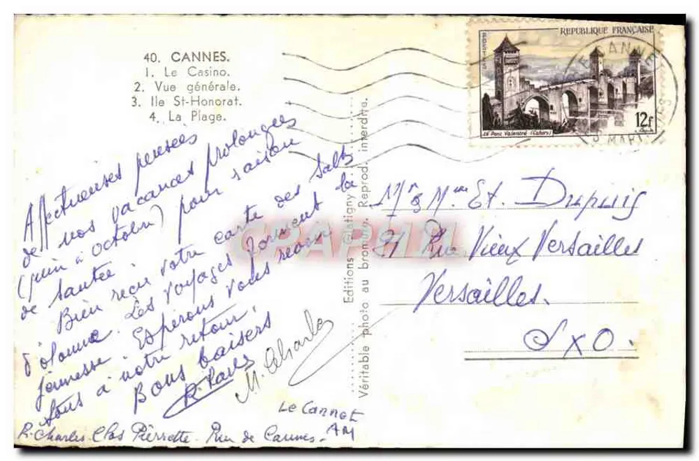 Cannes — Ansicht des Kasinos, Panorama, Insel Saint-Honorat, Strand — Éditions Glitigny - Rückseite