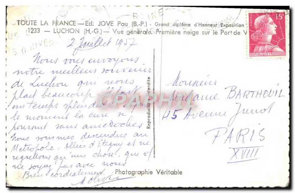 Luchon — Vista geral. Primeira neve no Port de Vence — Ed. JOYE Pau (B.P.) - Verso