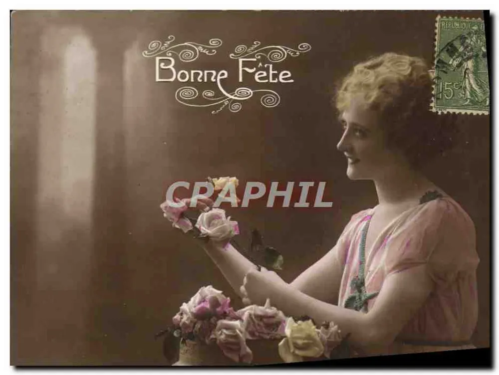 Frau mit Rosen — Frohe Geburtstage — L. F. HARTPHOTO, Paris - Vorderseite