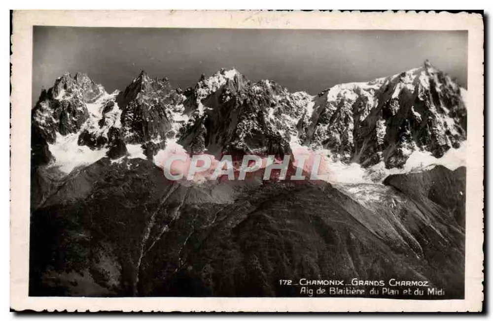 Chamonix — Grandes Charmoz, Aig de Blaïtière do Plan e do Midi — Sociedade Gráfica Mont-Blanc - Frente