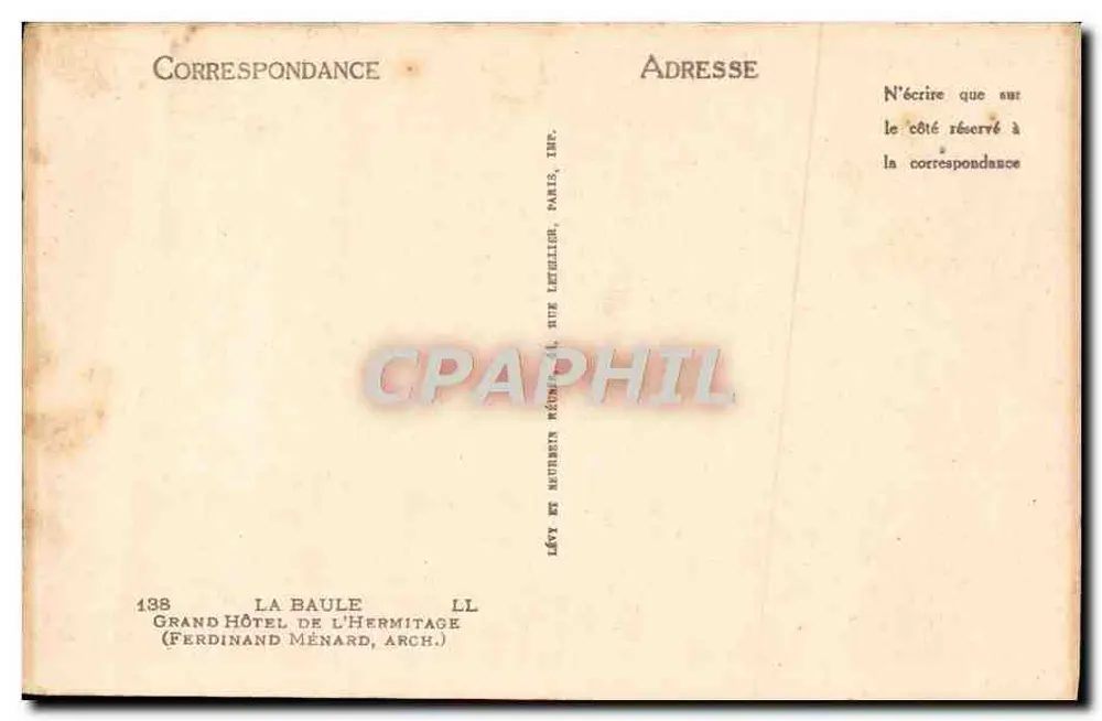 Grand Hôtel de l'Hermitage — La Baule — editor Ferdinand Ménard, n°138 - Verso