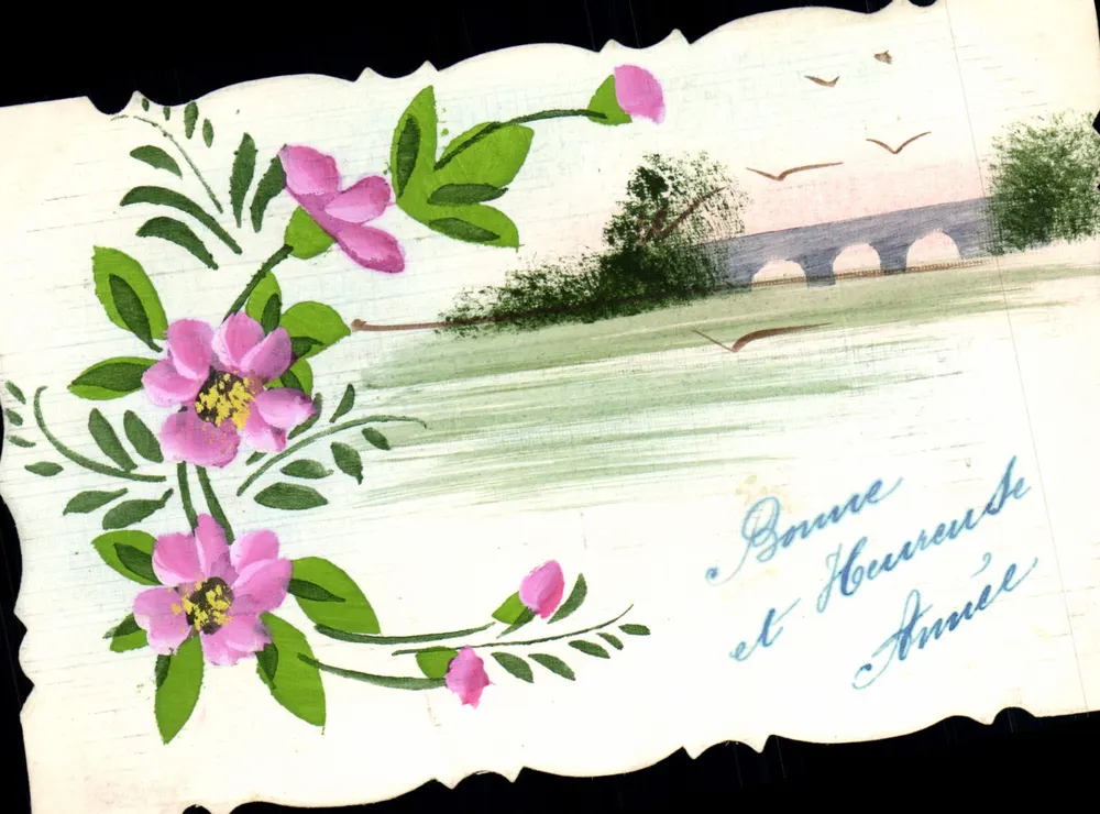 Rode bloemen — landschap met brug — NOX, Parijs, serie-nummer niet zichtbaar - Voorkant