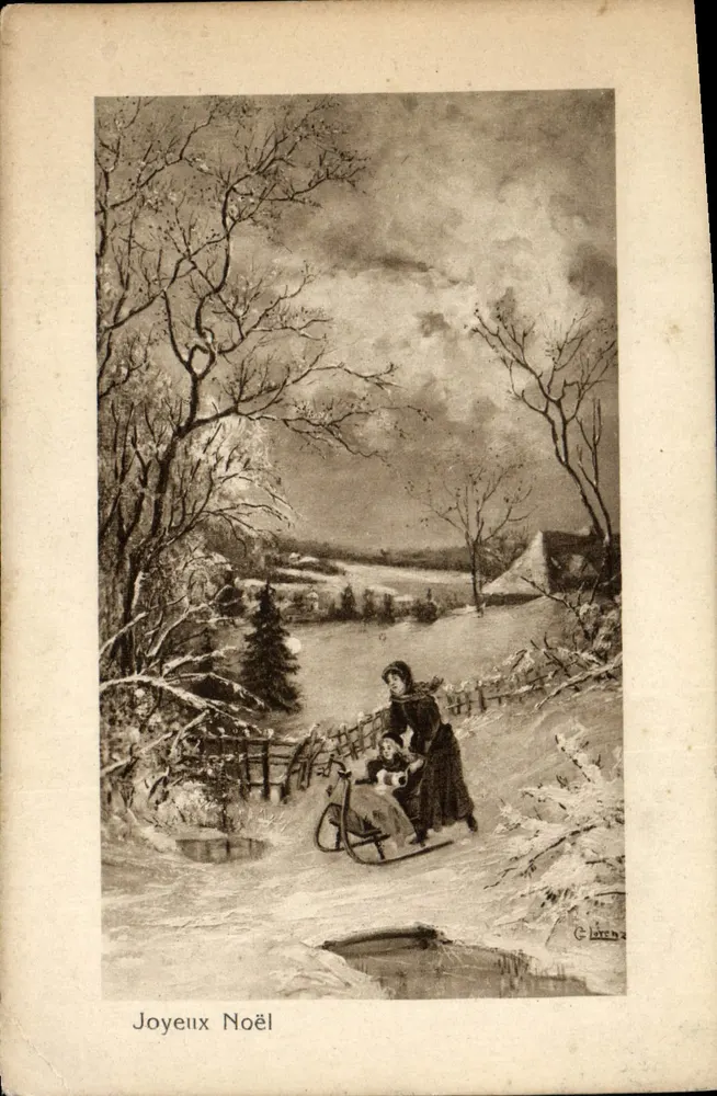 Winterlandschaft — Frau, die mit einem Kind einen Schlitten schiebt — C. Lorch, unbekannter Verleger - Vorderseite
