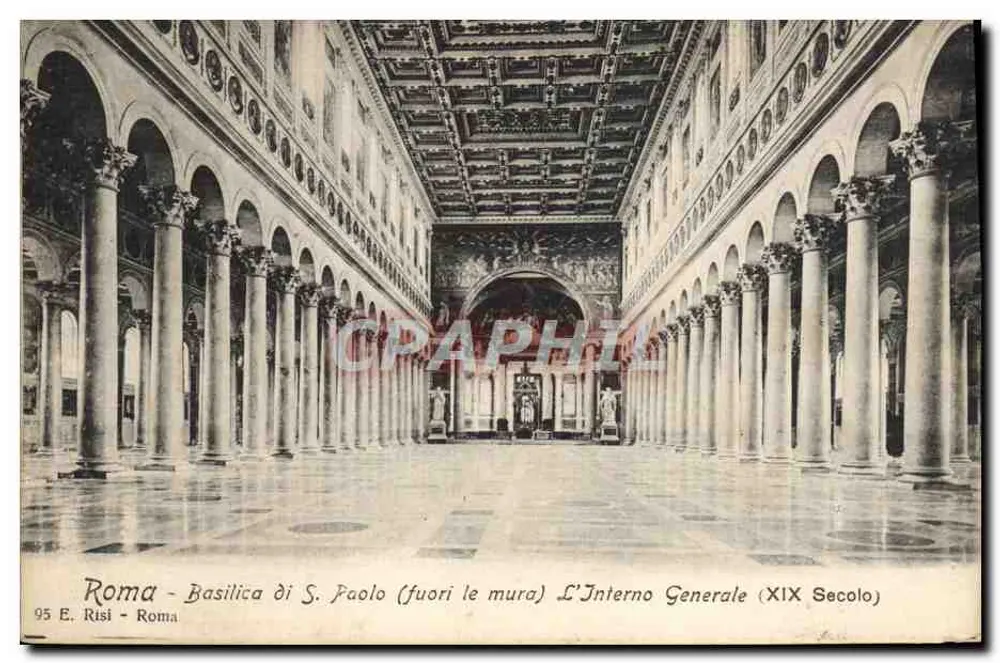 Roma - Basilica van S. Paulus (buiten de muren) - Het Algemene Interieur (19e eeuw) - E. Risi - Roma - Voorkant