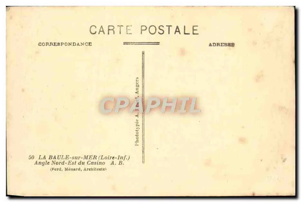 La Baule-sur-Mer — Nordost-Ecke des Casinos — Phototypie A. Tinel, Angers, n°50 - Rückseite