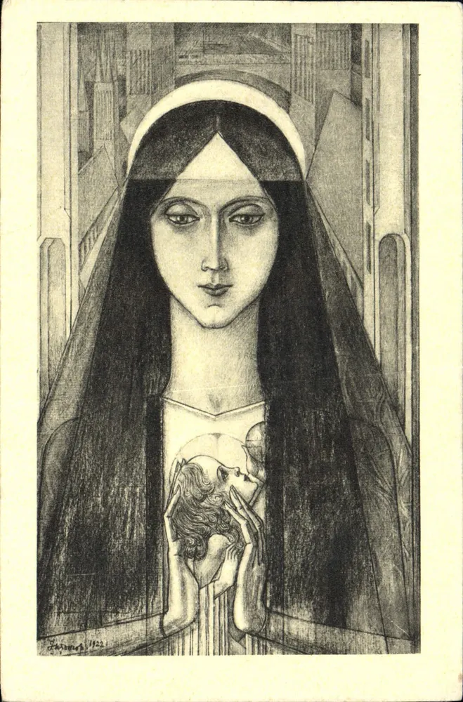 Sœur — portrait stylisé avec cœur et tête de femme — dessin de J. Mazaud 1922 - Frente