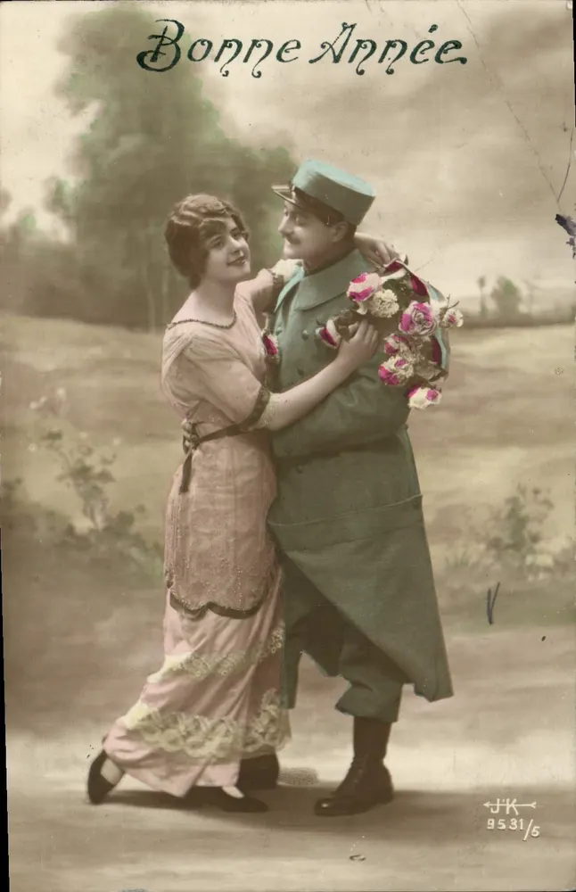 Soldat und Frau — Paar-Szene mit Blumenstrauß — Verlag J.K. Nr. 9531/5 - Vorderseite