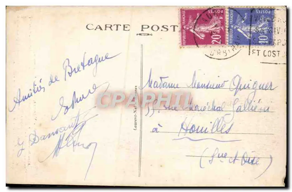Vannes — Porta do Carneiro — Bilhete postal antigo de 1908 - Verso