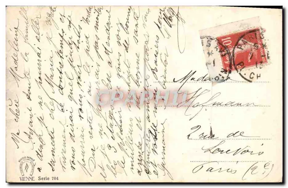 Paysage hivernal alpin — chalet enneigé avec montagnes — éditeur Vienne, série 704 - Verso
