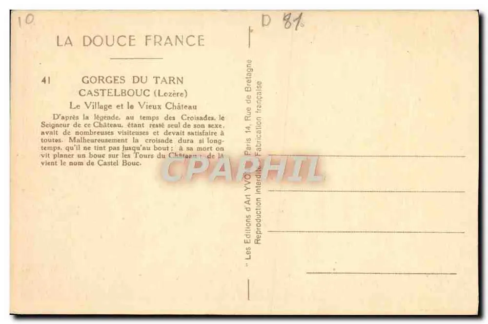 Gorges du Tarn — Castelbouc (Lezère) — Les Éditions d'Art YVO - Rückseite
