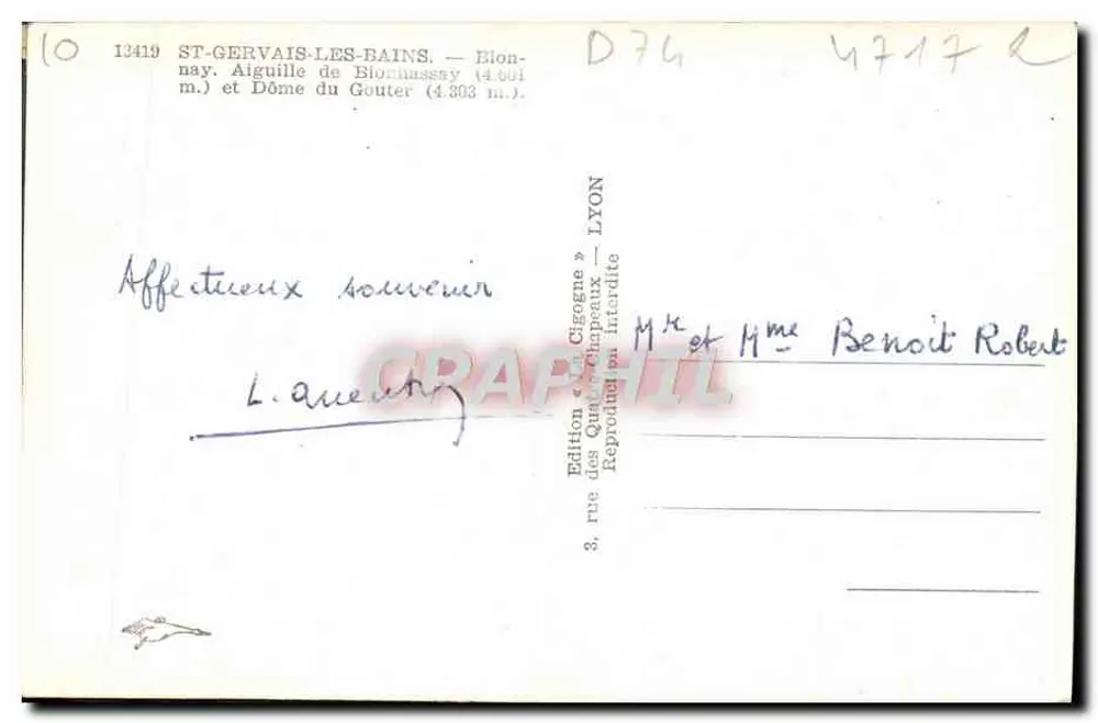 St-Gervais-les-Bains — Aiguille de Blonnay und Dôme du Gouter (4.303 m.) — Edition « La Cigogne » Lyon - Rückseite