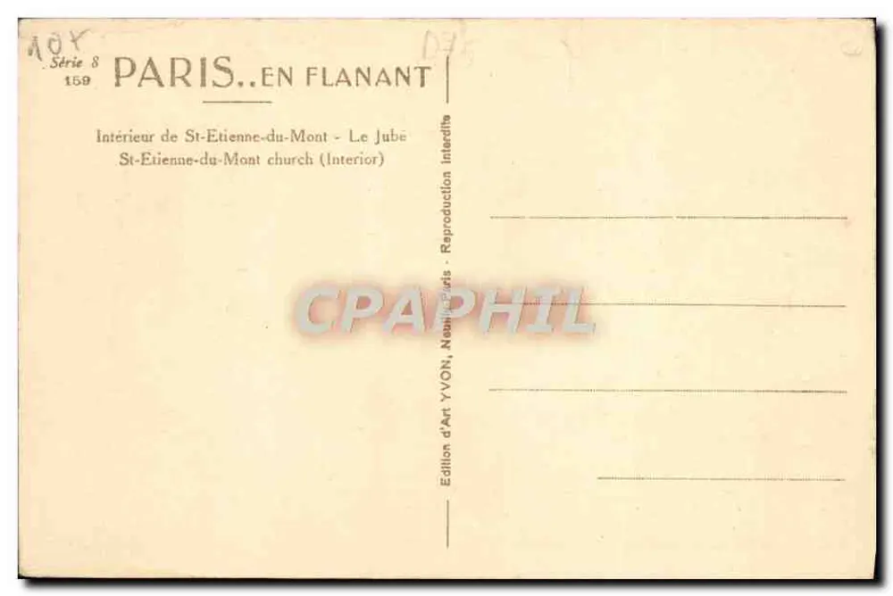 Innenansicht der Kathedrale Saint-Étienne-du-Mont — Ansicht des Chors — Verlag YVON, Serie 8 Nr. 159 - Rückseite