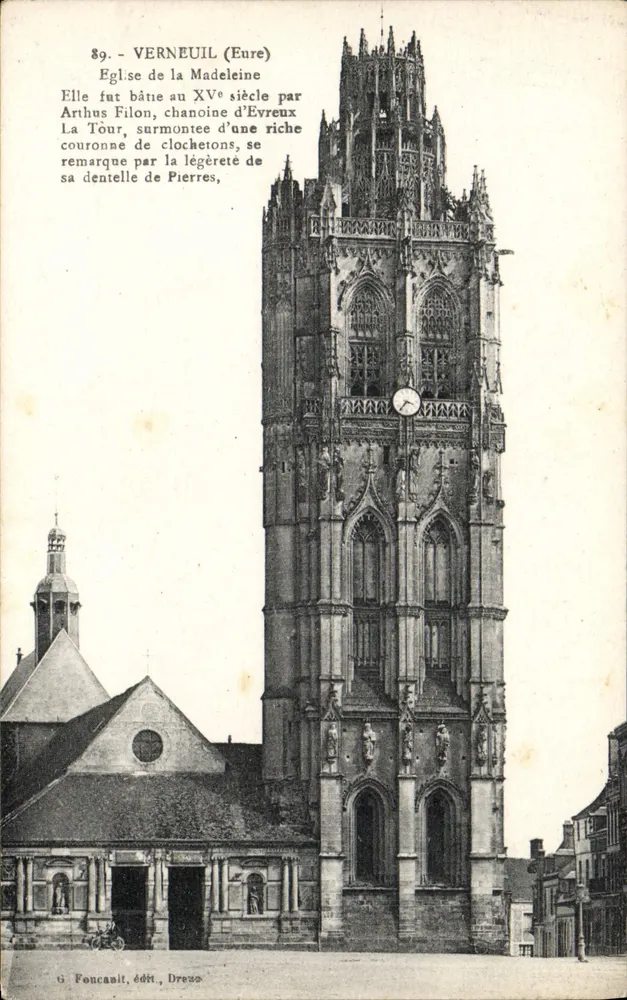 Verneuil (Eure) — Kirche der Madeleine mit ihrem gotischen Turm — ti Foncanil, Verlag Dreux - Vorderseite